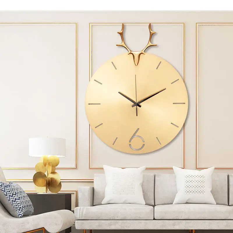 Deer Golden Wall Clock Modern Design Silent Sweep Needle Clocks Living Room Decoration Display Copper Hanging Timepiece