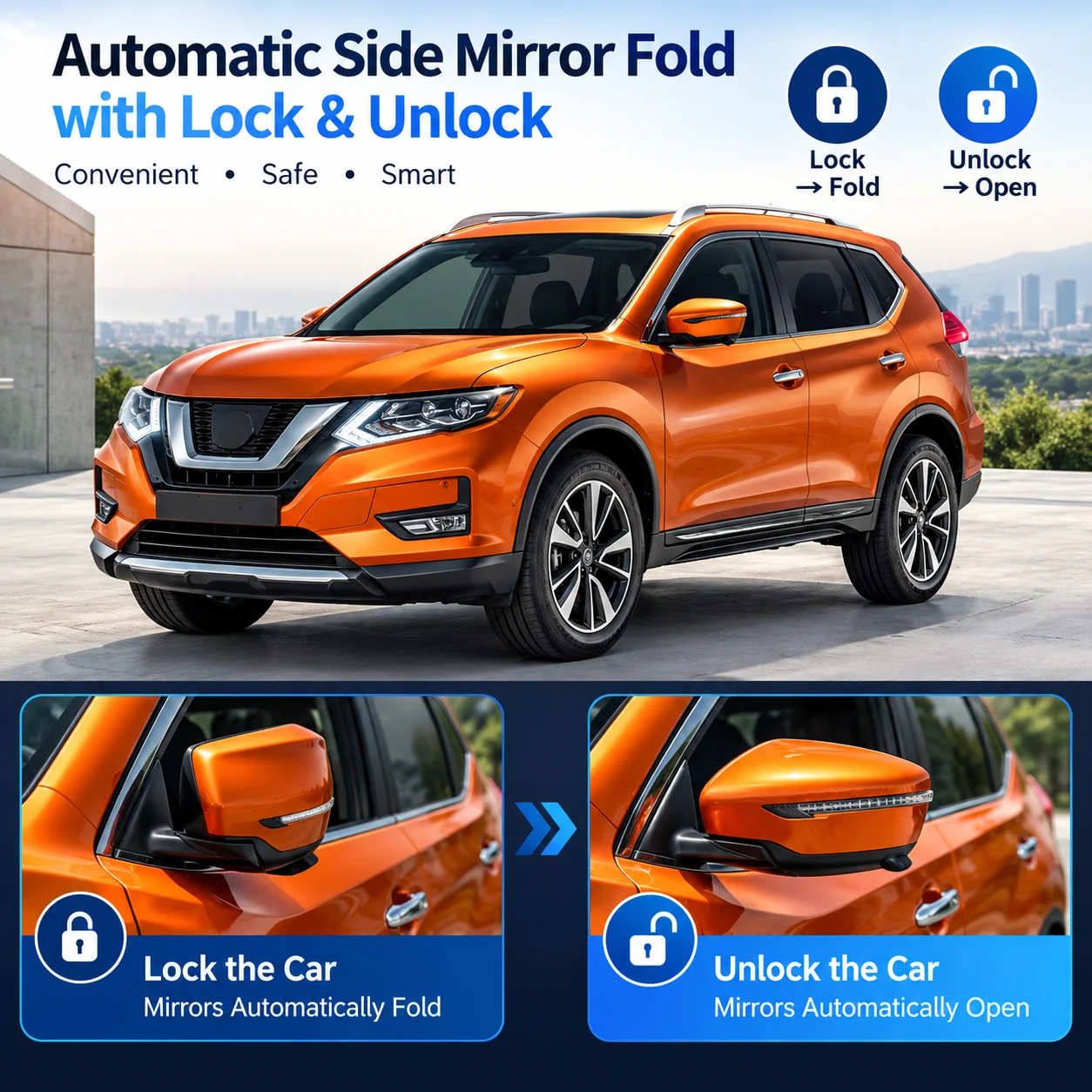 Automatic side mirror folding upgrade kit for Nissan X-Trail T32/Rogue; mirrors fold upon locking and unfold upon unlocking.