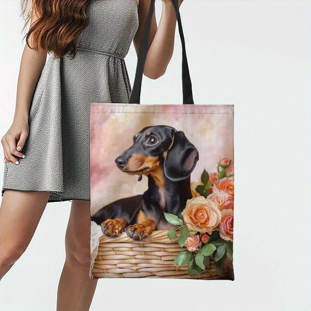 1pc Large Capacity Tote Bag - Cute Dachshund Dog Face & Floral design, Spacious Rectangular Grocery Bag for Women/Men