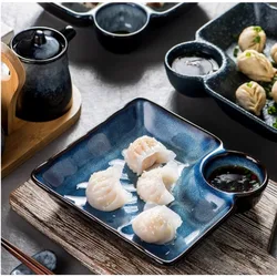 Japanese Dumpling Plate with Vinegar Plate Ceramic Tableware Simple Creative Home Divided Sushi Loaded Shrimp Fries Square Plate
