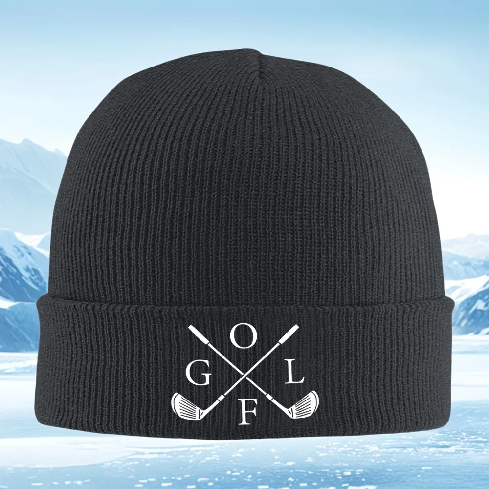 Golf club logo black background white text Men Women Unisex Knitted Hat Beanie Pullover Cap Winter Thermal Warm Christmas Outdoo