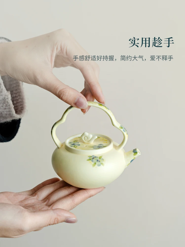 Loop-Handled Teapot Chinese Household Creative Powder Lead Pure Hand Drawing Solenopsis Axillaris Ceramic Pot Bearing Tea Set