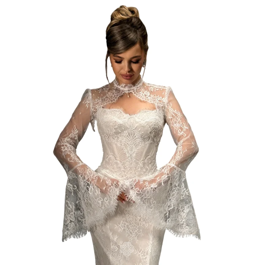 Vintage Bridal Jacket Long Flare Sleeve Floral Lace Applique Mock Neck Hand Sewn Beads Detachable Shoulder Wedding Ceremony
