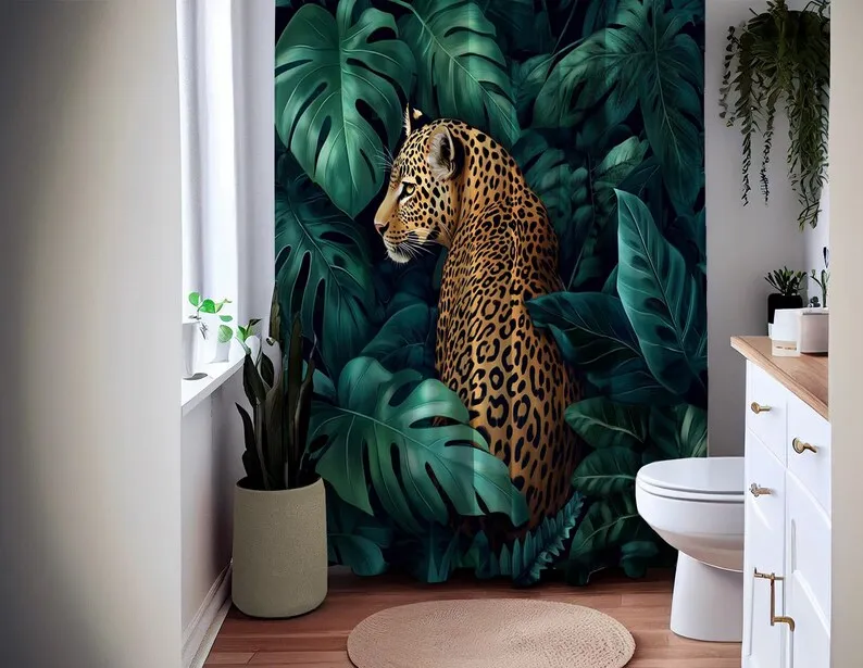 Leopard Jungle Shower Curtain, Waterproof Fabric Bath Curtain, Wild Animal Bathroom Decor Tropical Nature-Inspired Design Exotic