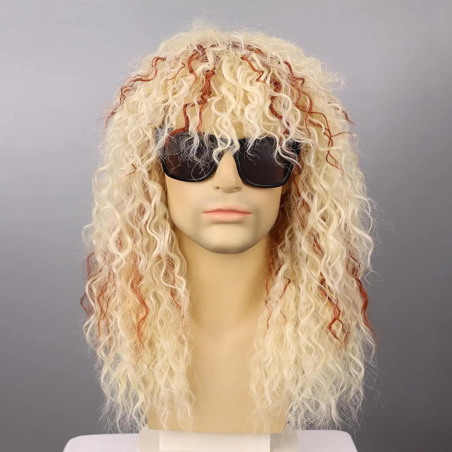 70s/80s vintage curly synthetic wig with bang golden long style, suitable for hippie style, 80s party,cosplay, anime styling wig