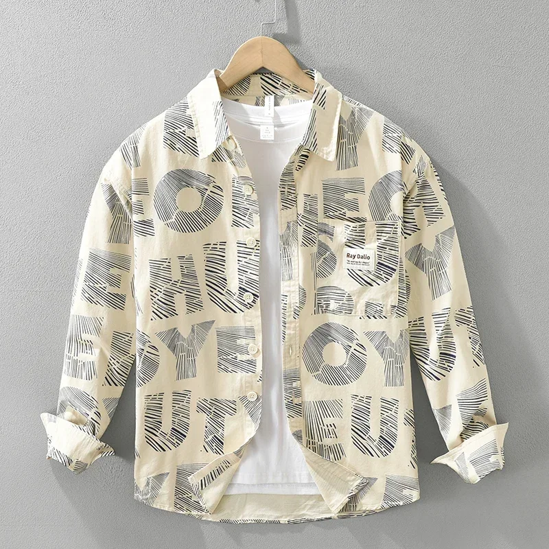 Modieus Shirt Met Letterprint Voor Heren Oversized Katoenen Casual Losse Shirts 2024 Herfst Nieuw Street Shirt