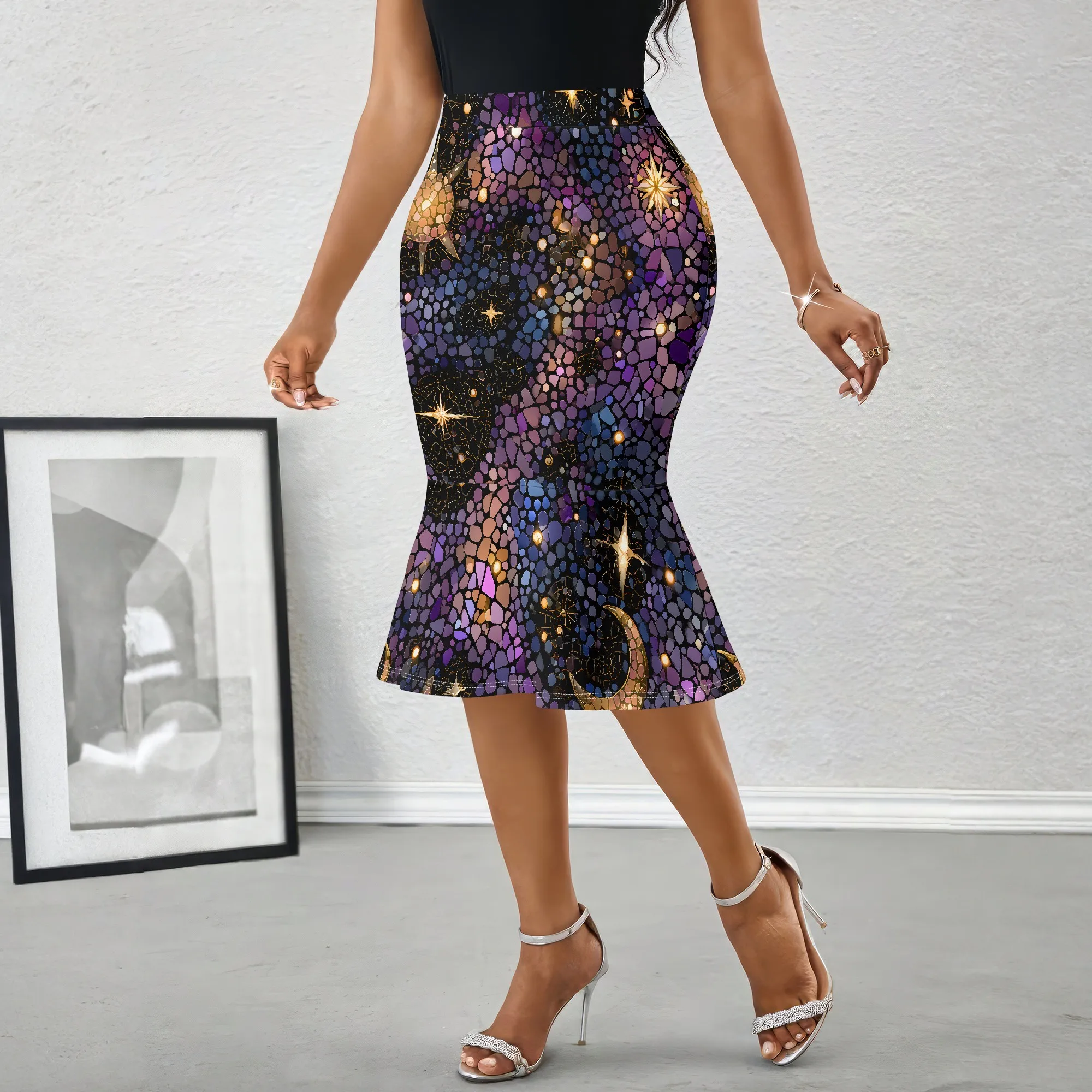 Galaxy Print Mermaid Skirt, Purple Starry Night Midi Skirt, Cosmic Mosaic Pattern Pencil Skirt for Women Party Club S-2XL