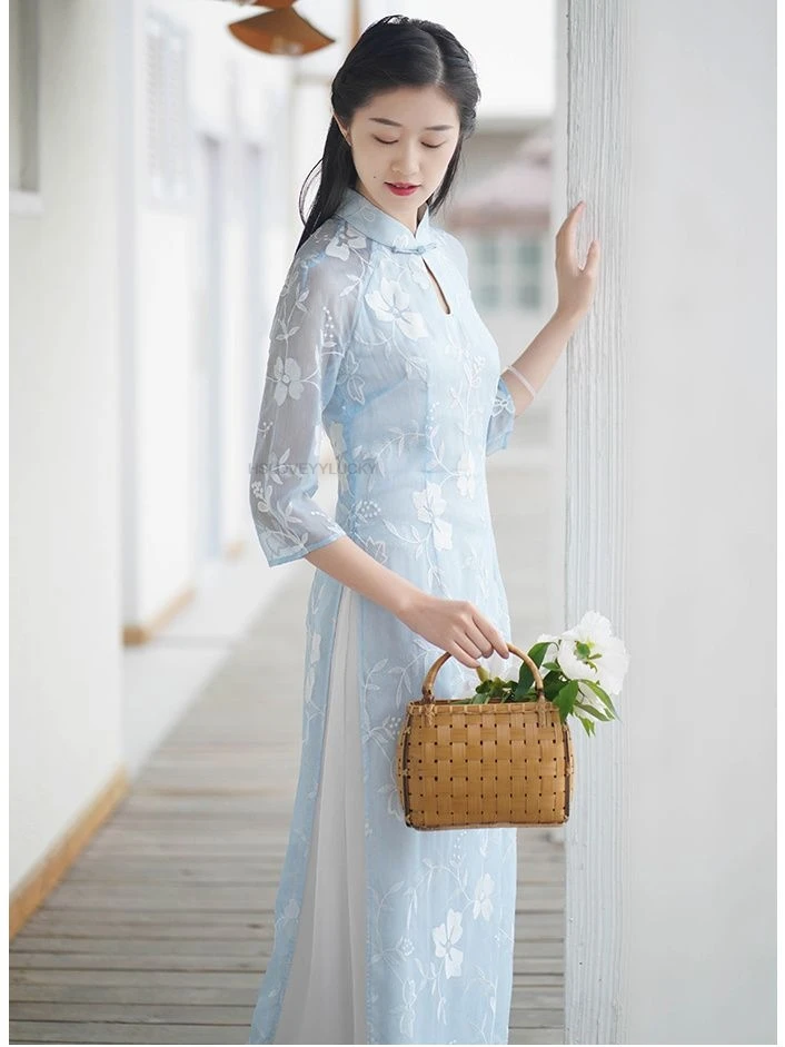 فيتنام Aodai الجنية مزاجه فستان صيني رائع الأزهار الطباعة الشاي الفن فيستدو الجوف خارج سليم آو داي فستان جنية #2