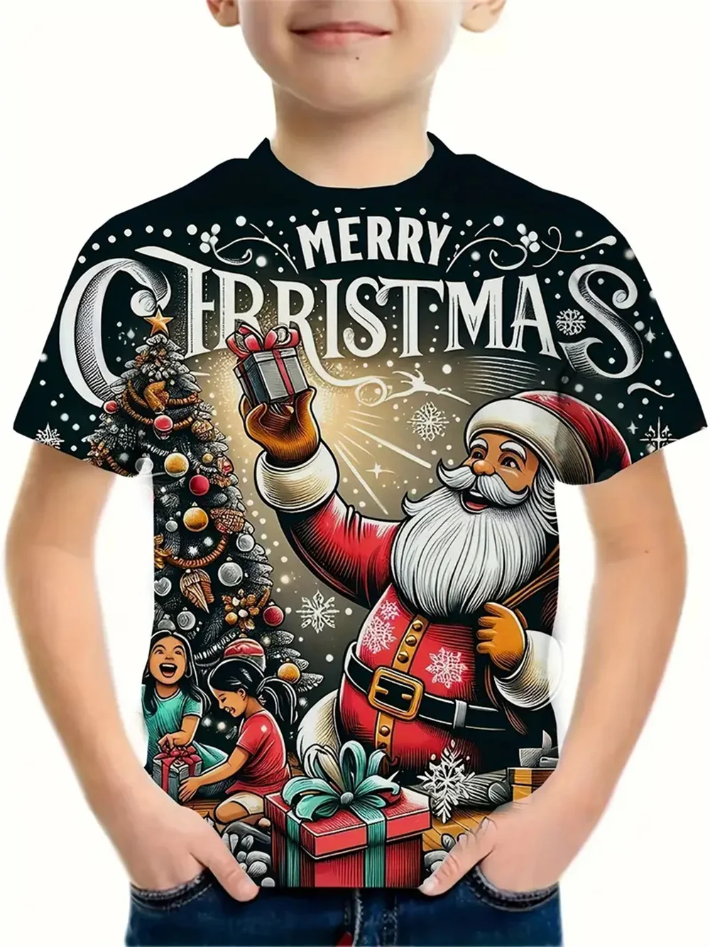 Ropa navideña para niños y niñas, camisetas de Año Nuevo con estampado de Papá Noel, ropa informal para niños, camiseta superior 2025, 2025