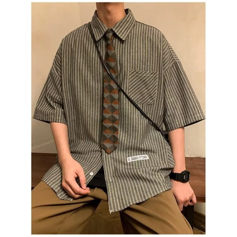 EBAIHUI Summer New Short Sleeved Shirt Japanese Striped Pocket Decoration Men's Blouse Korean Loose Flip Neck Tie Blusas