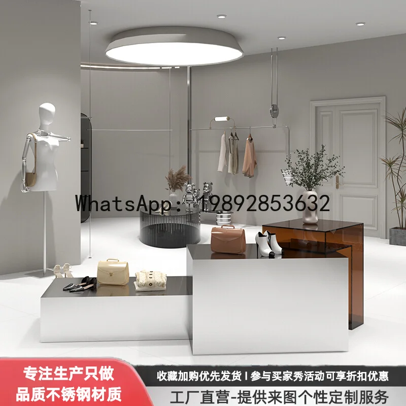 Clothing Store Island Counter Flow Counter Stainless Steel Shoe Bag Acrylic Display Counter