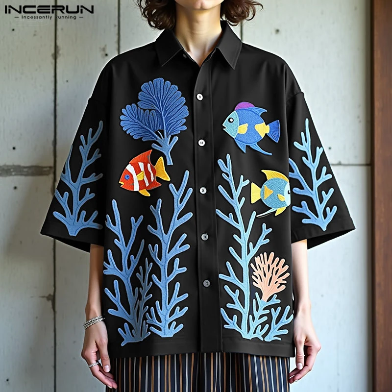

INCERUN Men Shirt Printing Summer Lapel Short Sleeve Loose Men Clothing Streetwear 2025 Korean Style Shirts Fashion Male Tops