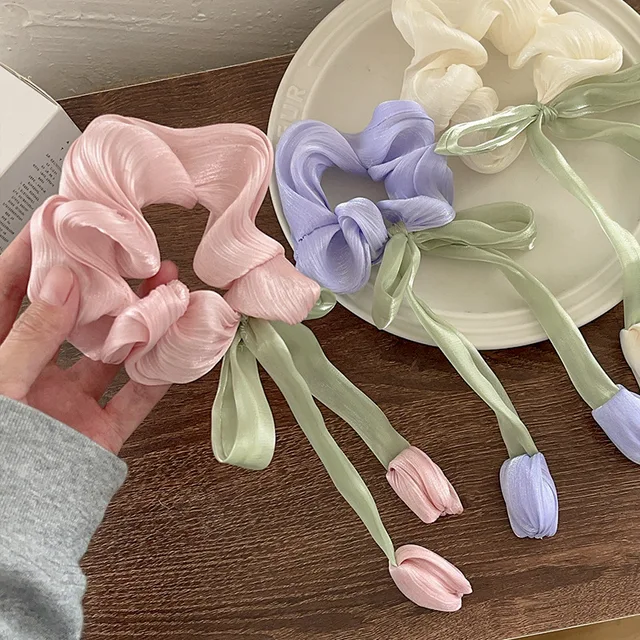 Kobiety dziewczęta śliczne opaski do włosów Korea styl Preppy gumki do włosów elegancki tulipan Scrunchie uchwyt na kucyk kokarda Chouchou akcesoria do włosów