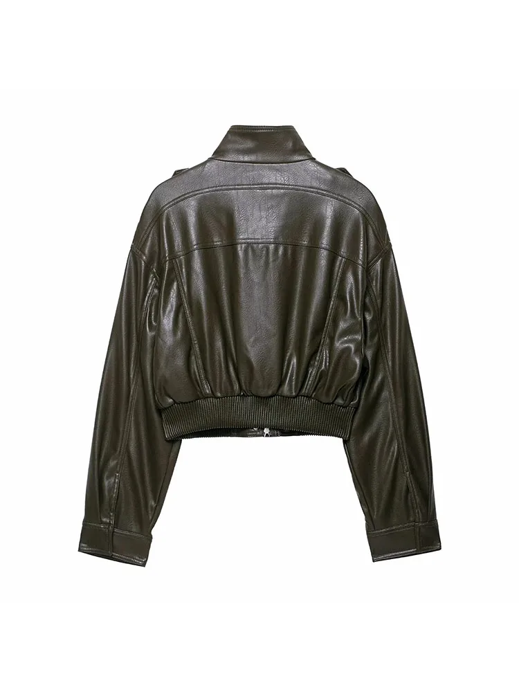 المرأة 2025 الخريف الشتاء سحابات قصيرة سترات من الجلد المرأة عادية التلبيب زر كم كامل معطف سيدة شيك الشارع الشهير