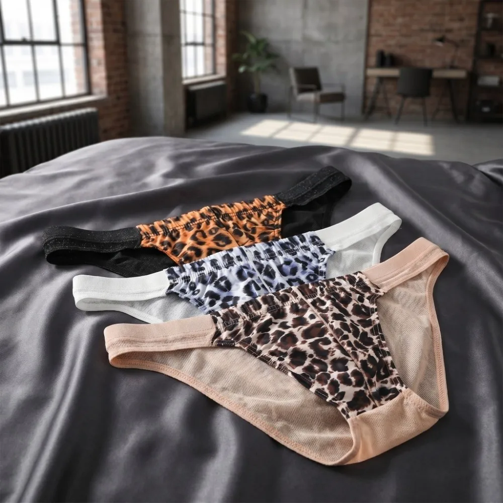Underpants Lingerie Leopard Triangle Panties Low Waist Mesh Men Thin Briefs Breathable Transparent Underwear for Men Male