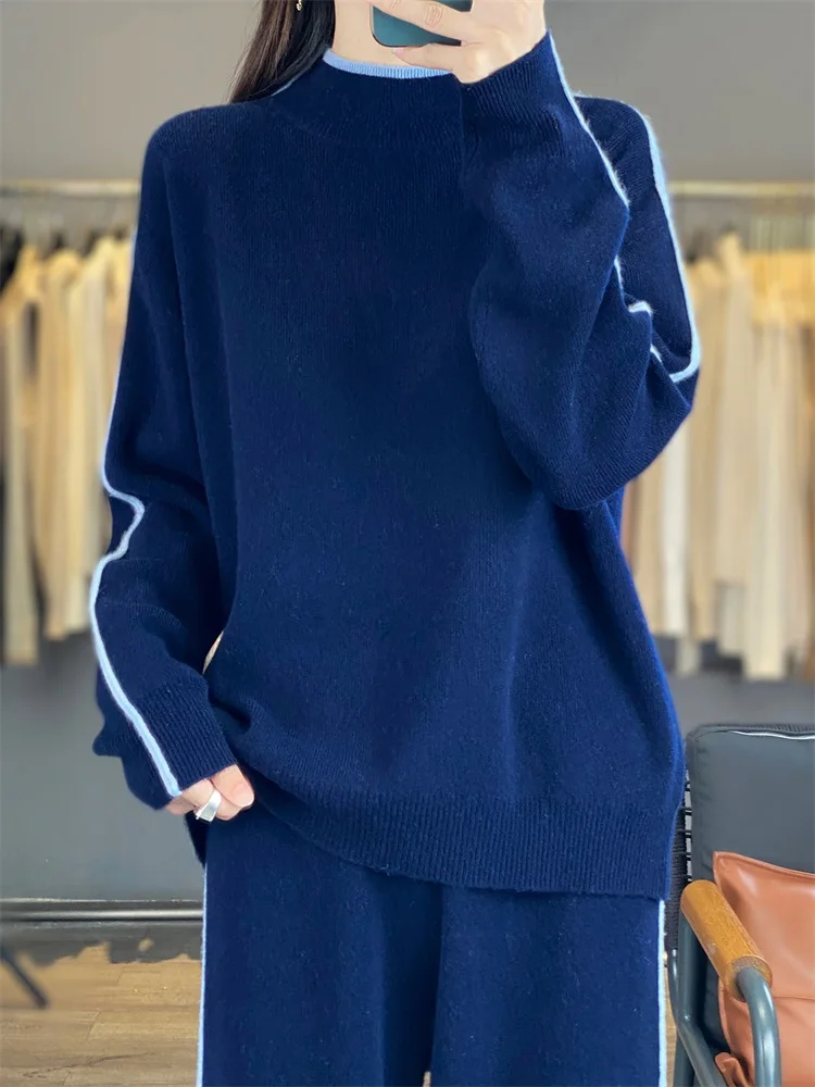 Women's Matching Set 100% Merino Wool Mock Collar Sweater Elastic Waist Pants Two-Piece Set Knit Casual Loose Women's Clothing
