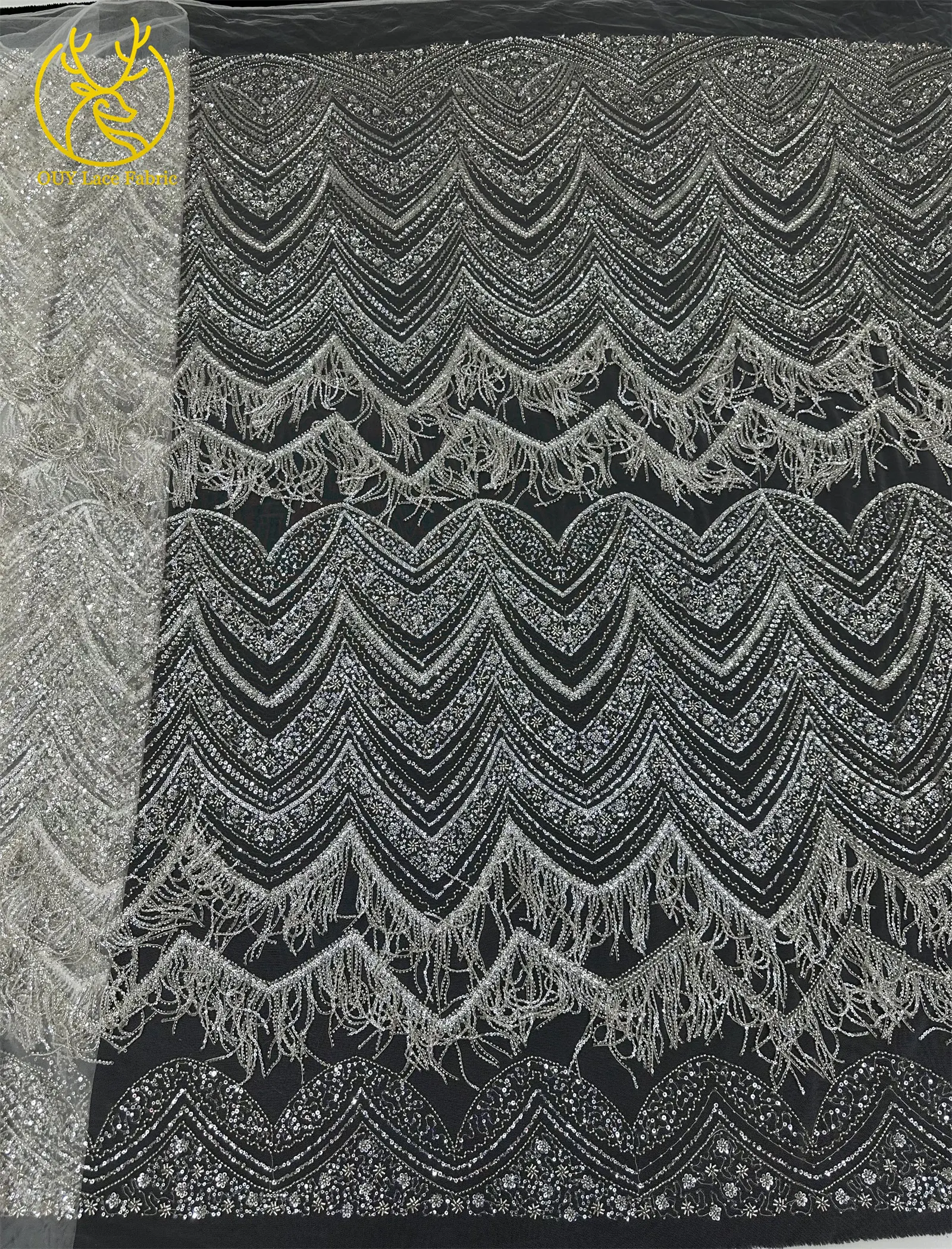 Hochwertiger 3D-Quasten-Perlen-Spitzenstoff, goldfarbener afrikanischer Perlen-Pailletten-Spitzenstoff, französische Tüllspitze für Hochzeitskleider, 5 Yards – Detail 15