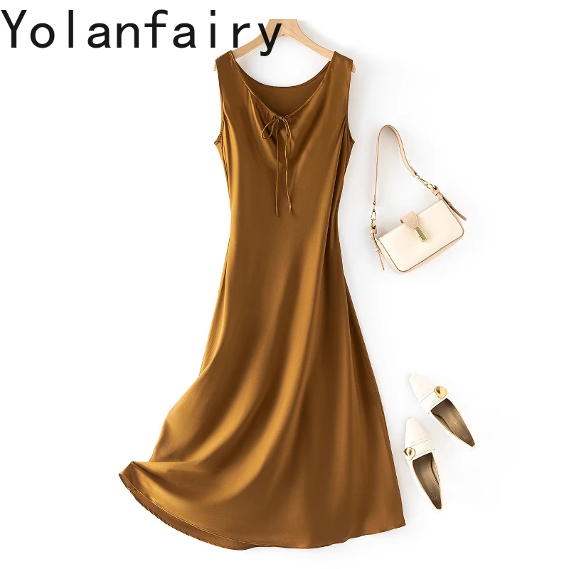 YOLANFAIRY 93% Mulberry Silk Sundress Woman French Gentle Crepe Satin Women Dress Retro Drawstring Summer Elegant Ladies Dresses