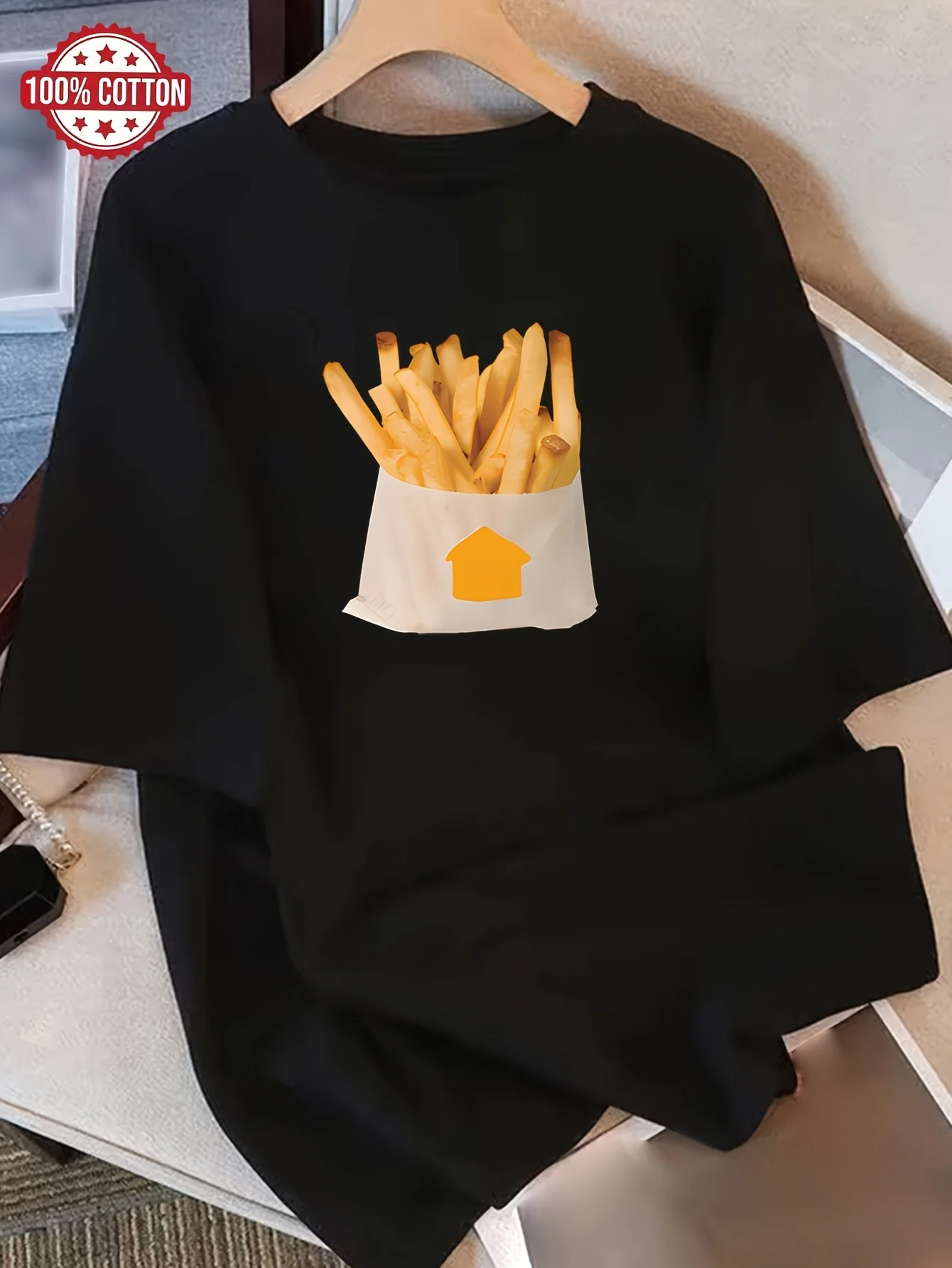 Humorous French Fry Pattern Printed T-shirt, Casual and Comfortable Versatile Top Suitable for All Seasons, Youthful Style