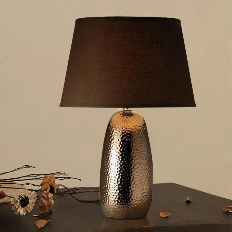 Retro Metal Glaze Ceramic Russet LED Floor Lamp Minimalist Fabric Lampshade Living Room Bedroom Bedside Study Reading Desk Light
