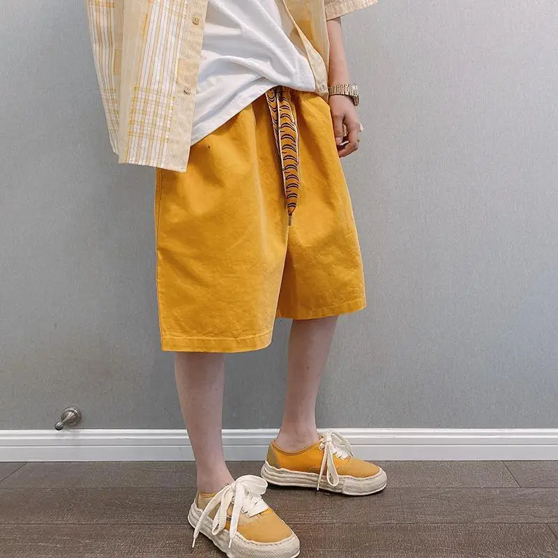 

Korean Youth Trendy Summer New Shorts Men's Elastic Waist Drawstring Solid Spliced Pockets Loose Straight Casual Wide Leg Pants