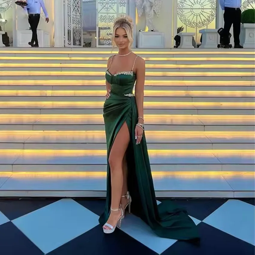 

Customized Green Satin Spaghetti Straps Prom Dress Sparkle Beaded Cocktail Party Dress Backless Side Slit Party Evening Gowns