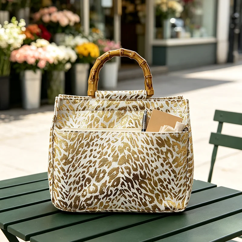 Retro Handtasche für Damen mit Leopardenmuster in Goldfolie und Bambusgriff, Handtasche mit goldenem Leopardenmuster – Detail 2