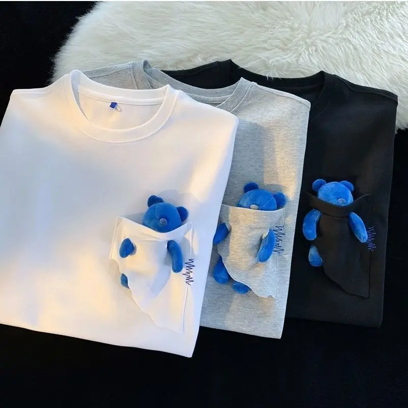 EBAIHUI Solid Color Pocket Teddy Bear Doll Men T-shirt Summer Loose Round Neck Male Short Sleeved Tee Casual Korean Version Top