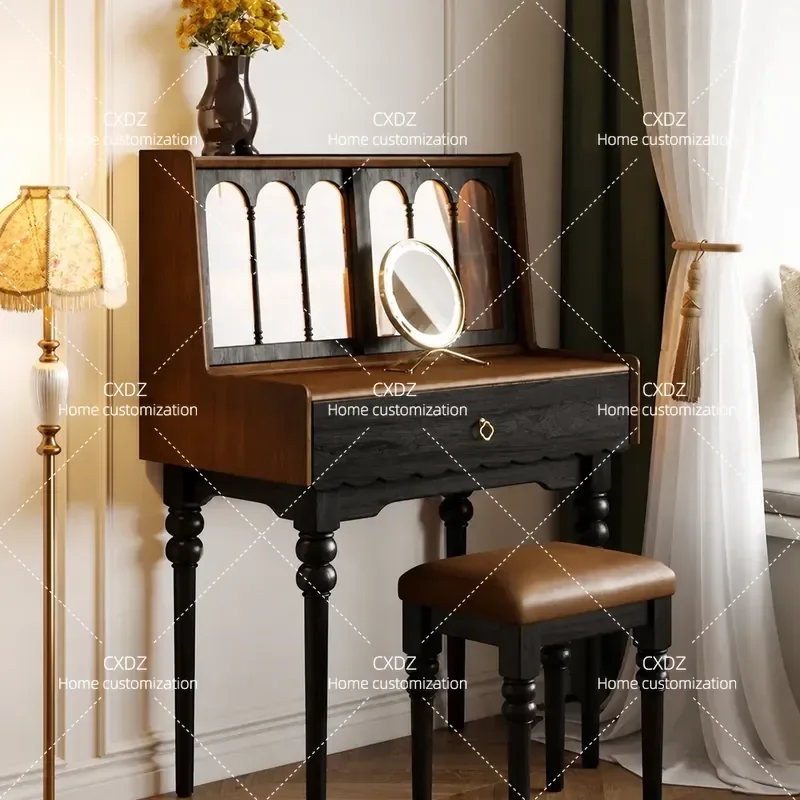 Retro Solid Wood Dressing Table for Small Bedroom Narrow Simple Light Luxury Vanity with Storage Compact Makeup Desk
