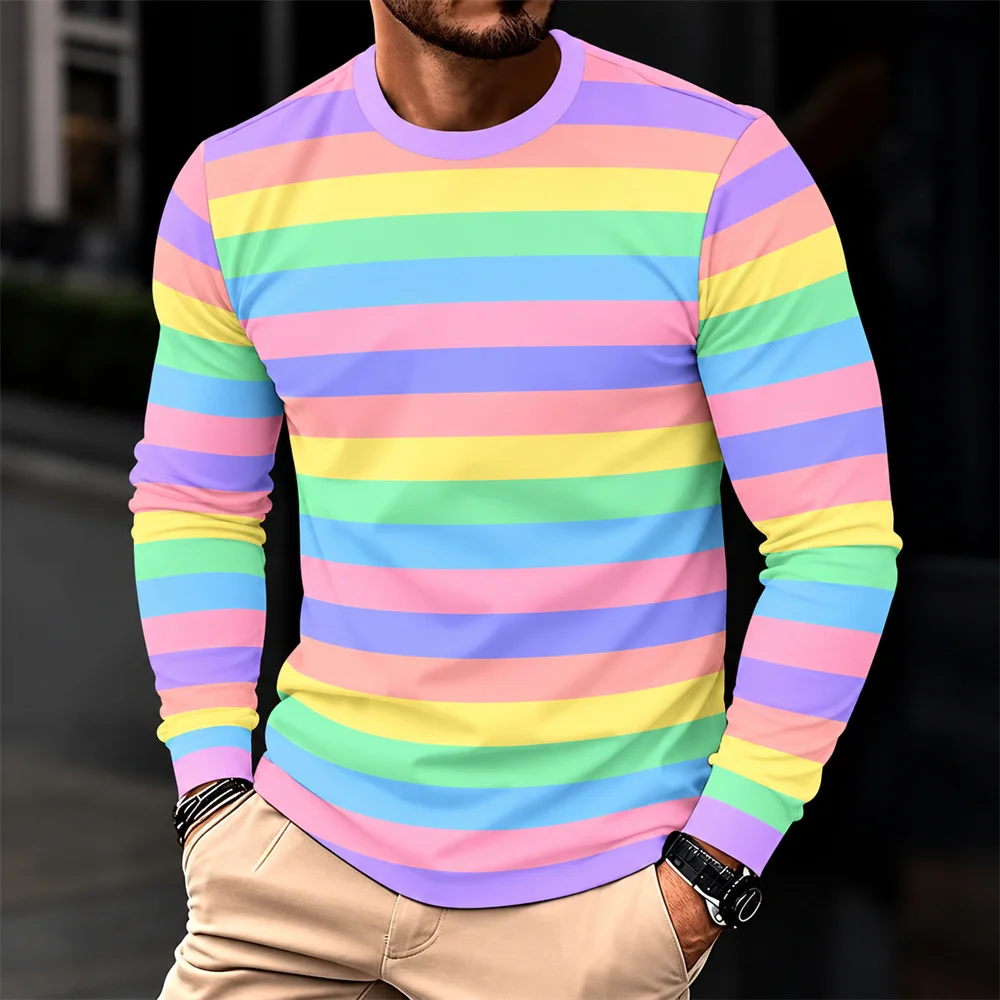 Rainbow Striped Long Sleeve T Shirt for Men Multicolor Horizontal Stripe Print Crew Neck Casual Top Retro Everyday Streetwear