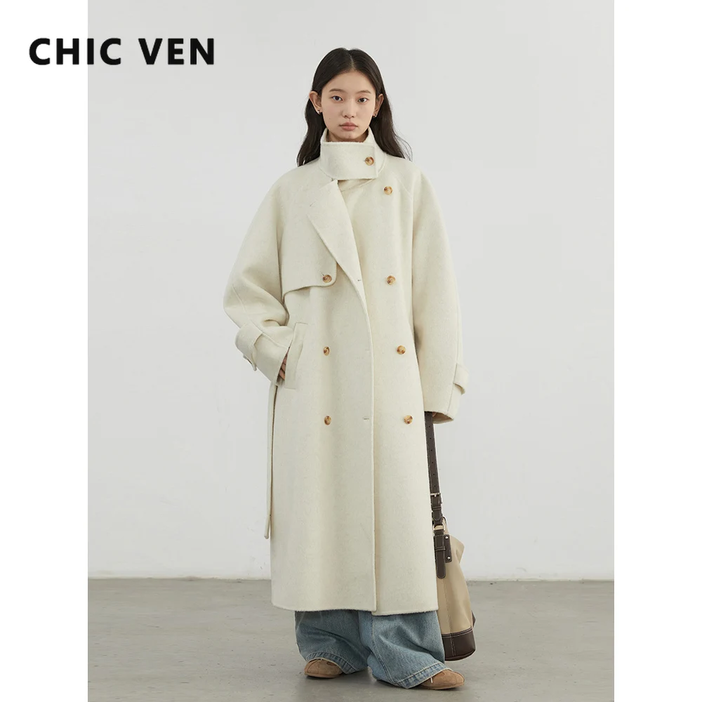 CHIC VEN Women Woolen Coats Fashion Solid Stand Collar Loose Overcoat with Belt Korean Female Clothing Autumn Winter New 2025