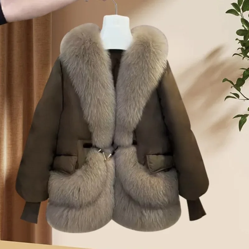 [EWQ] Fashion Spliced Fur Design Brown Cotton-padded Coat Women Winter Keep Warm Thick Flully Parkas Outerwears 2024 New 16O3132