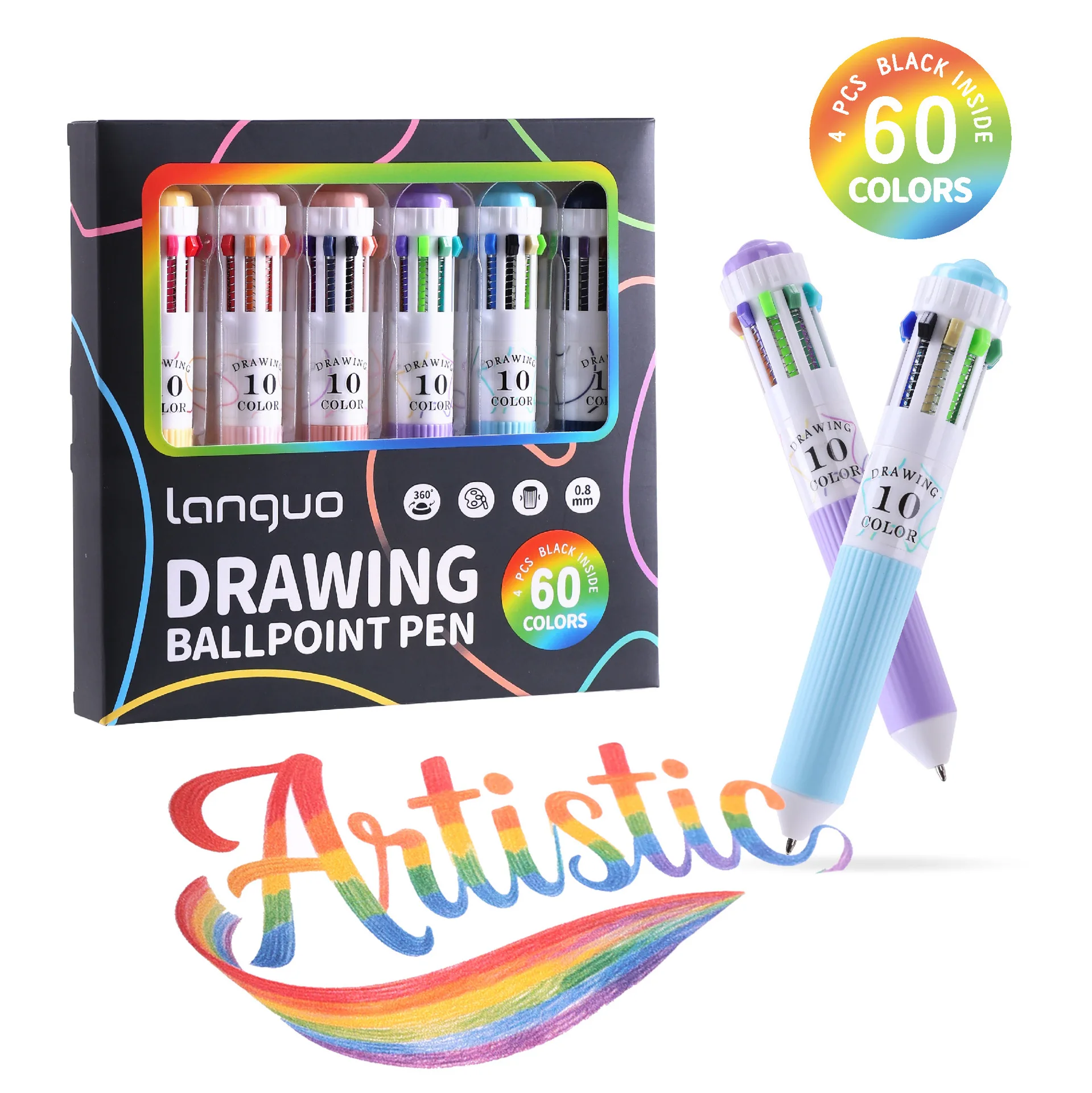 Languo Multicolor Pens,28/60 Colors, 10-in-1 Colored Ballpoint Pen,0.8mm Fine Point Smooth Writing,Retractable Ballpoint Pens