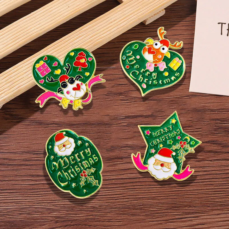 Green Christmas Series Brooches Slogan "merry Christmas" Enamel Pins Backpack Clothing Jewelry Badge Accessory Friends Gift