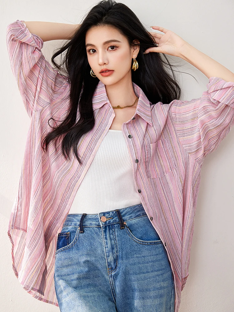 Pink Striped Shirt Women Loose Long Sleeved Button Up Blouse Autumn New Korean Style Ladies Streetwear Casual Shirts 2024