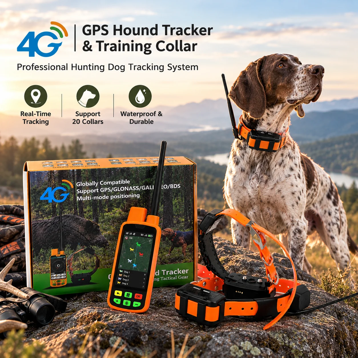 Eseek Long Range GPS Dog Tracker For Hounds With VHF Signal Real Time Tracking Geofence Alert And 20 Collar Support