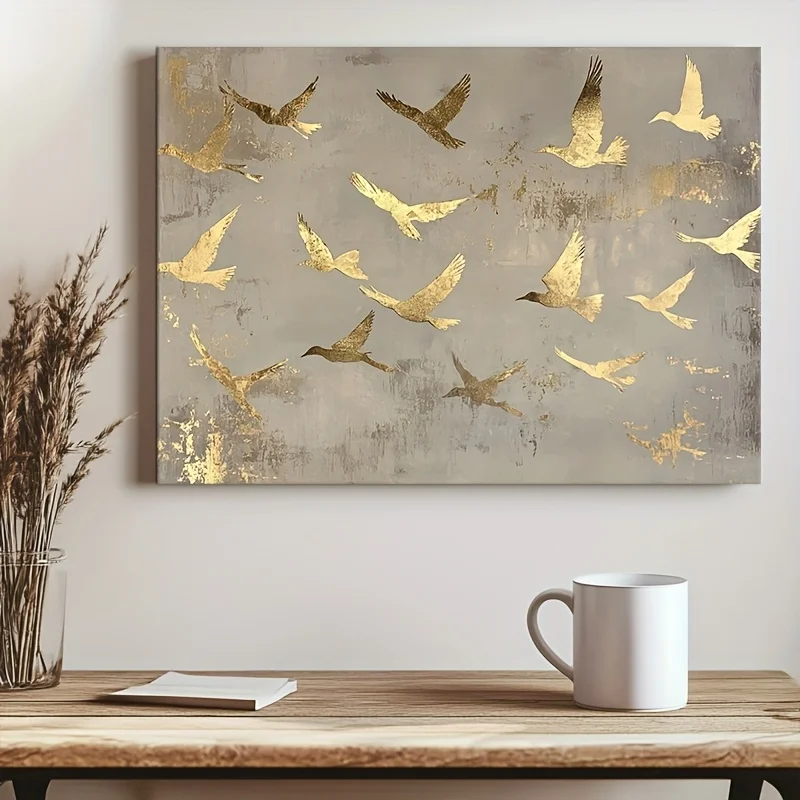 Tableau mural sur toile 2D/plat moderne avec oiseaux dorés en vol - Décoration murale sans cadre, toile classique moderne inspirée de la nature, cadeau pour la maison