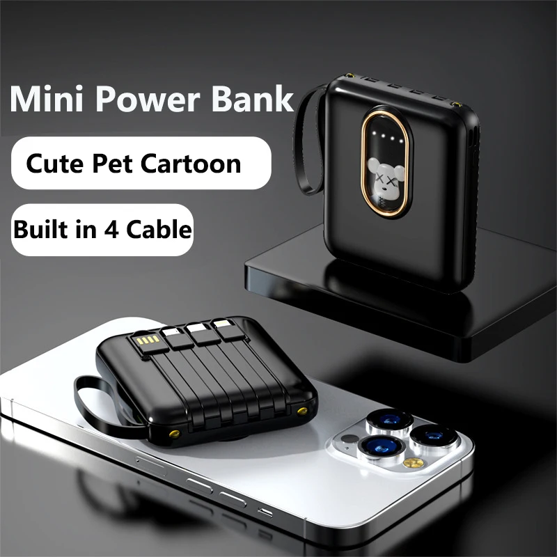 Mini Power Bank 20000mAh Built in Cable Portable Charger External Battery Pack for iPhone 16 Samsung S24 Huawei Xiaomi Powerbank