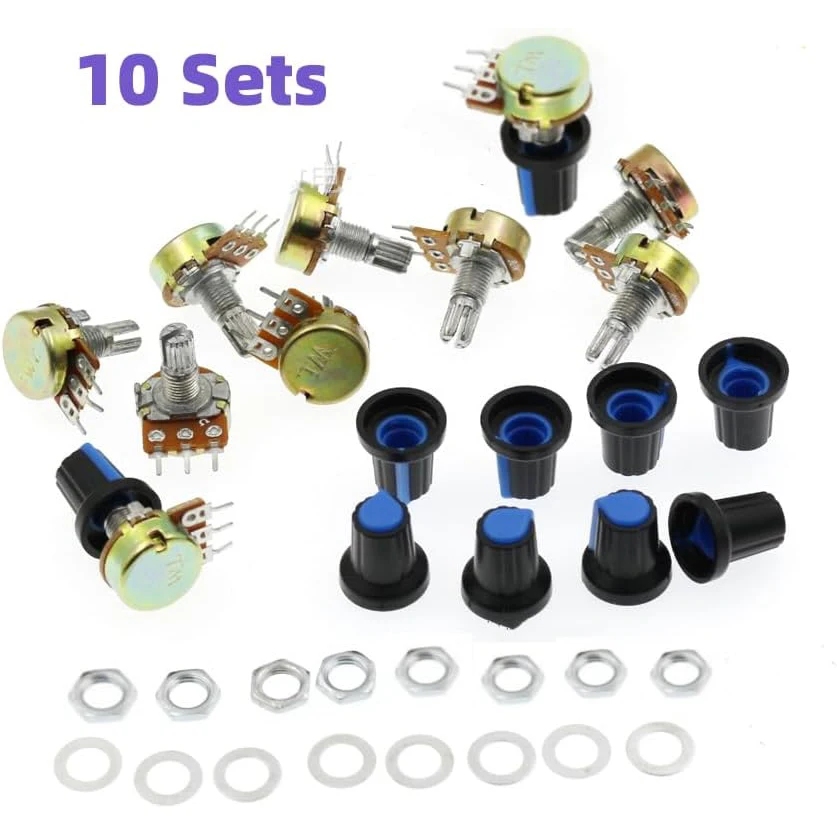 10 Sets 15MM WH148 Knurled Shaft 3 Terminals Linear Taper Rotary Potentiometer Assortment Kit B1K 2K 5K 10K 20K 50K 100K 250K 50