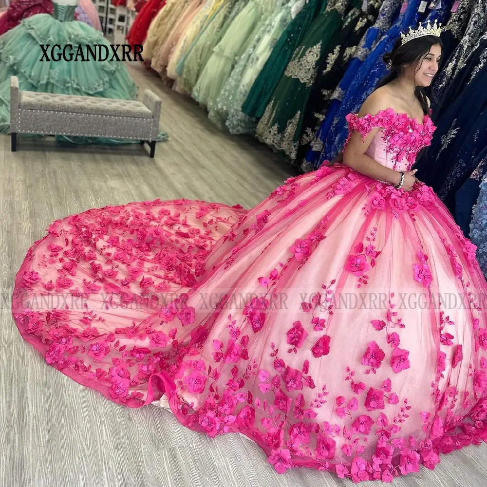 Vestidos De quinceañera rosas elegantes, Vestidos De 15 Años con cuentas, flores florales en 3D, hombros descubiertos, dulce 16, fiesta De cumpleaños Formal, 2024