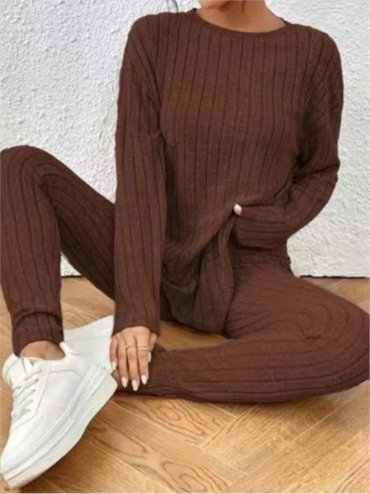 Casual O-neck Two Piece Set Women Outfits Autumn Winter New Fashion Solid Knitted Long Sleeve Sweater Elegant Loose Pants Suit