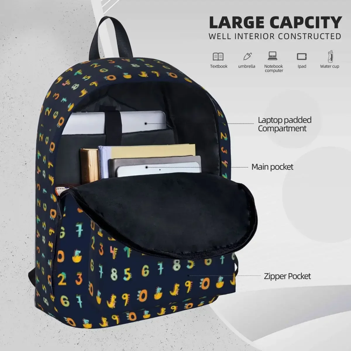 Mochila bonita e colorida para criança, números de dinossauro, grande capacidade, bolsa de livro de estudante, mochila portátil, mochila de viagem