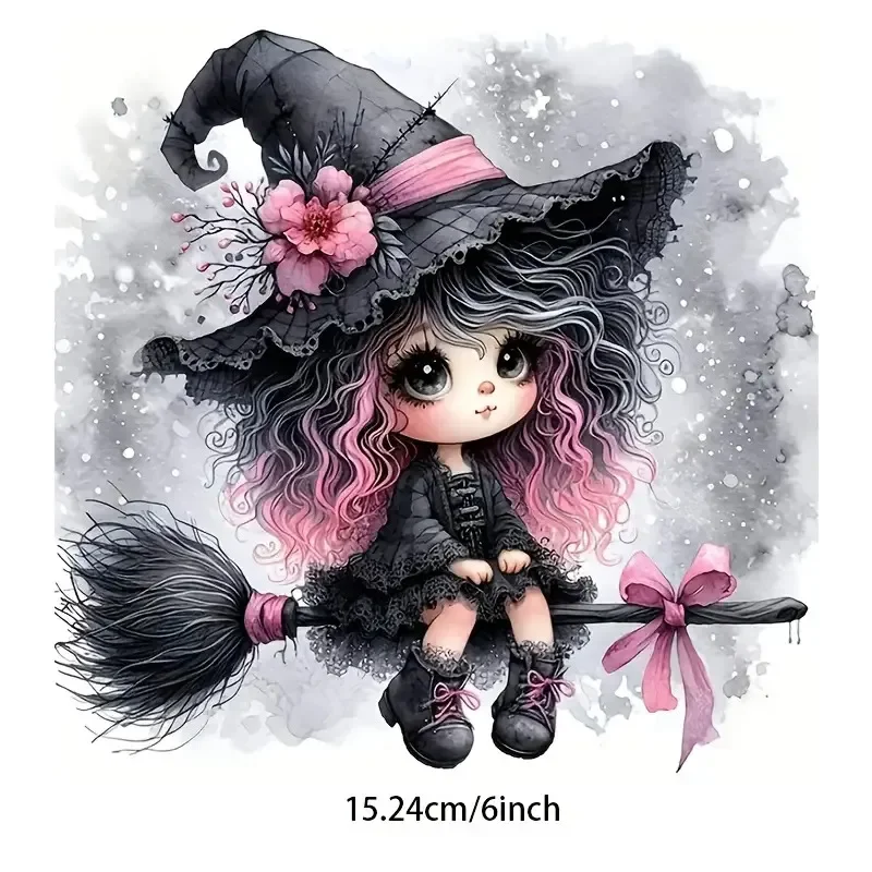 6 Inch Glitter Witch With Broom Sticker, Pink Bow Hat With Flower, PVC Vinyl for Car, Laptop, Truck, Motorcycle, Window Decor