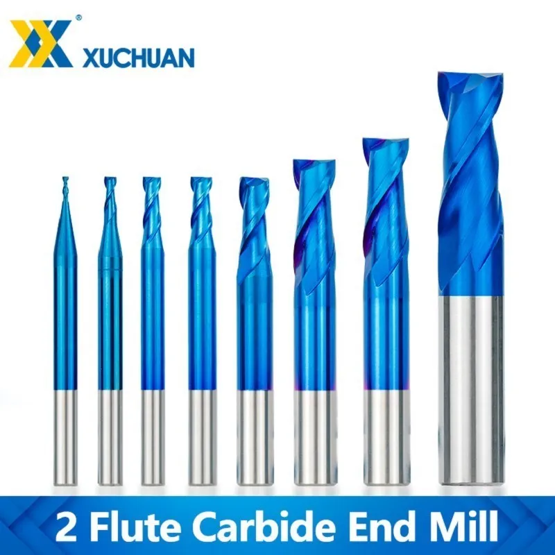 1-12mm Flat End Milling Bit 2 Flute Milling Cutter Router Bit Nano Blue Coated HRC56 CNC Carbide End Mill Machining Tool