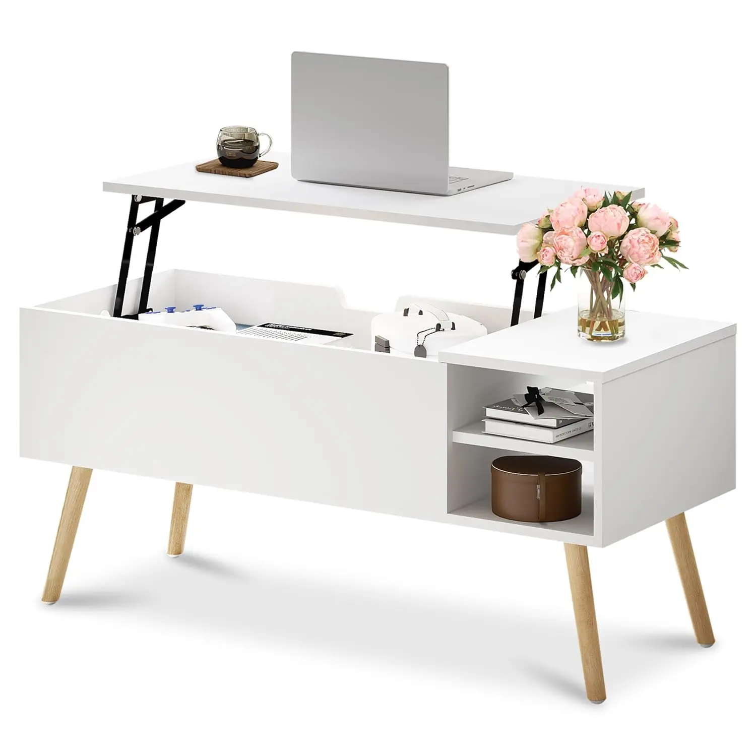 

Белый журнальный столик с подъемной столешницей - журнальный столик с ножками из массива дерева, скрытым отсеком для хранения и открытыми полками, на заказ