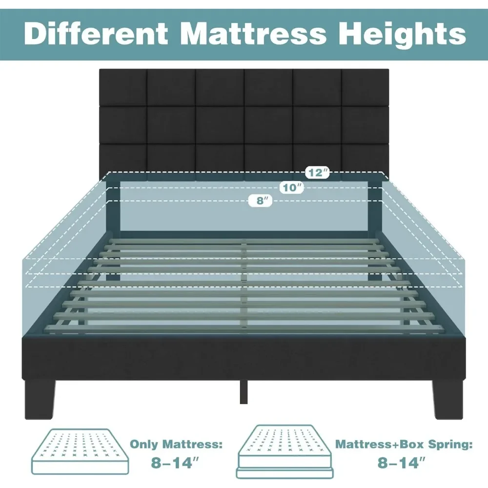 Marco de cama completo/Queen con cabecero tapizado de lino, soporte de listones de madera, No se necesita boxeo, Bases de cama gris oscuro
