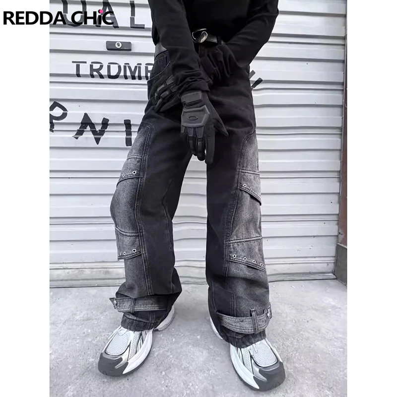 REDDACHIC Men's Eyelet Decor Ombre Baggy Jeans Patchwork Vintage Washed Casual Wide Pants Male Trousers Harajuku Y2k Streetwear