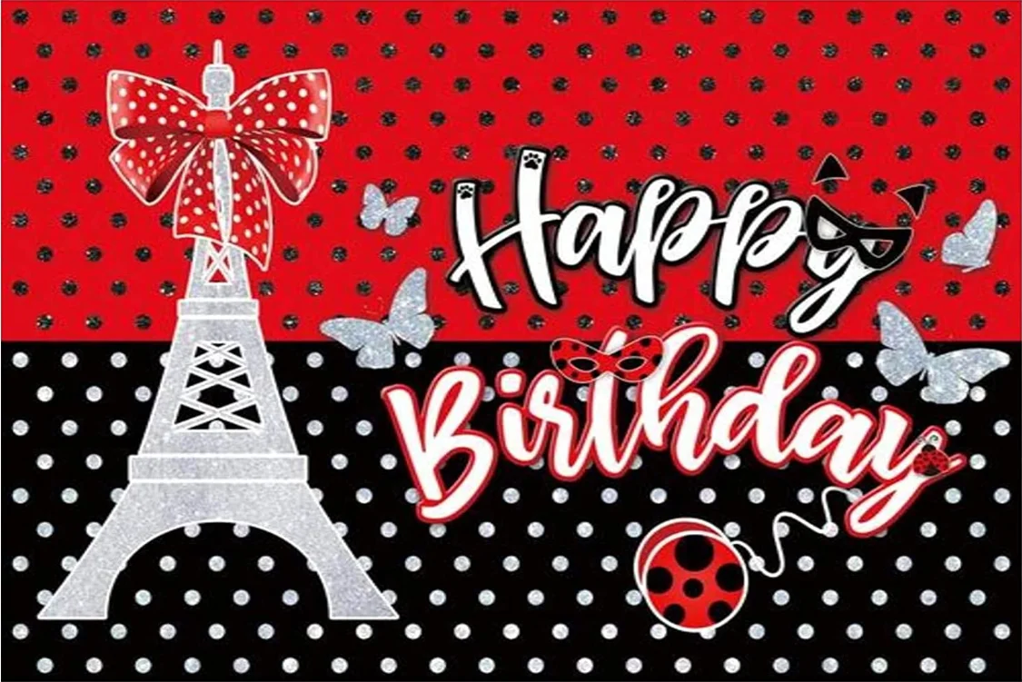 Fondo de mariquita para cumpleaños, decoraciones de fiesta con purpurina roja y negra, pancarta de Bday para bebés y niñas, decoración de lazo de Torre Eiffel