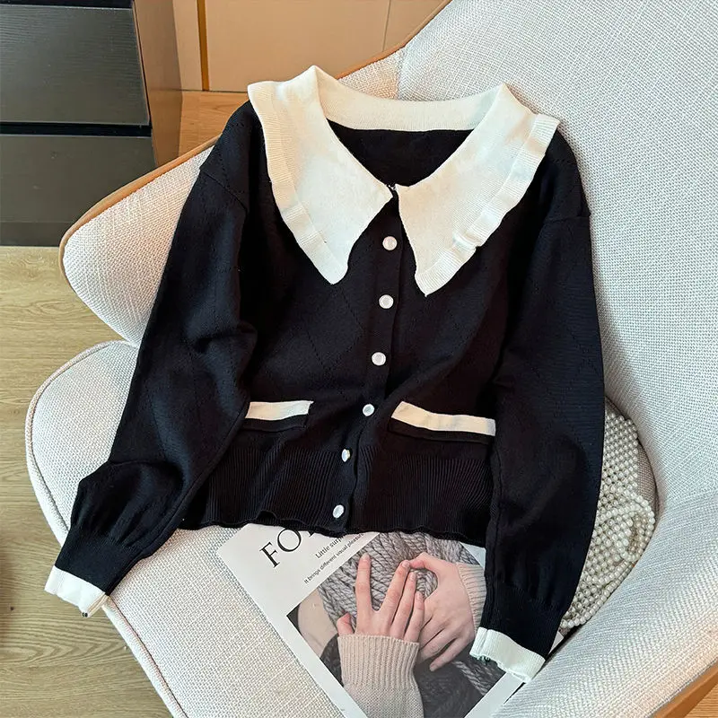 Color Blocking Lapel Knitted Sweater Jacket for Women\'s New Style Temperament Single Breasted Short Top Trendy