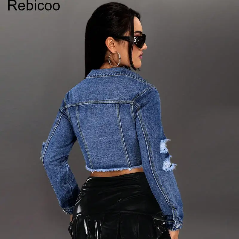 Women's Cropped Denim Jacket L - Distressed Jean Rip 评论和价格